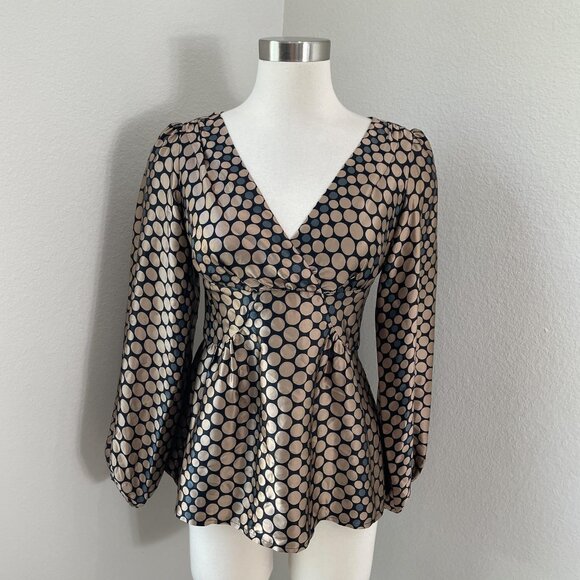 Nanette Lepore Blouse Womens 2 Black Beige Polka Dot Silk Balloon Sleeve Top USA - Picture 1 of 13